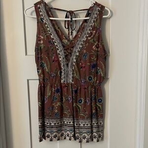 Angie Floral Lace-Up Blouse - Brown and Multicolor